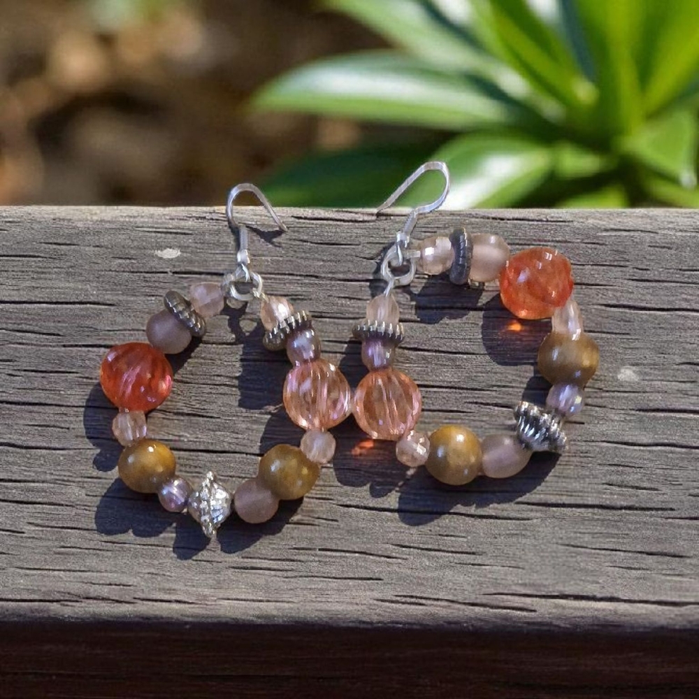 Elegant Beaded Hoop Earrings with Pink and Brown Tones